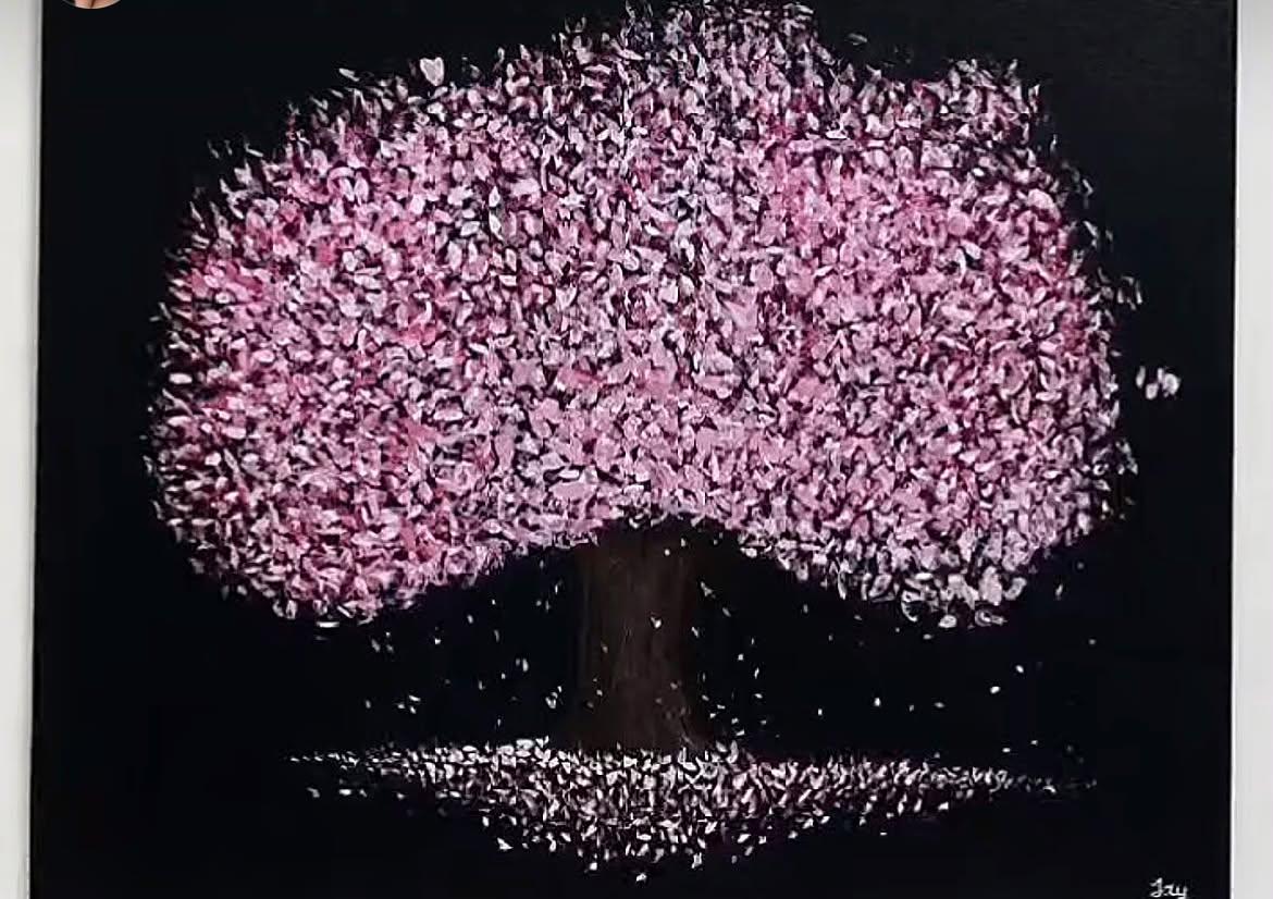 Cuadro original de un árbol rosa sobre fondo negro